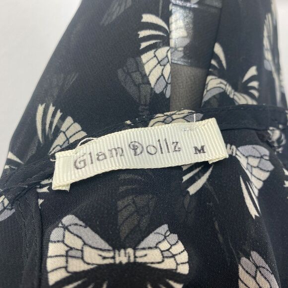Glam Doll Black Sheer Blouse Med Bow Print Peter Pan Collar Whimsy Goth Siren - Picture 10 of 12